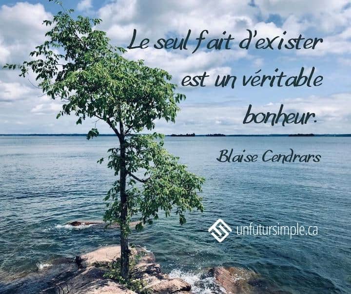 Citation de Blaise Cendrars: Le seul fait d'exister est un véritable bonheur. Arbre sur un rocher entouré d'eau.