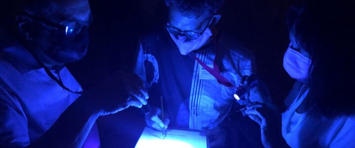 Trois personnes regardant un document à la lumière d'une lampe de poche.