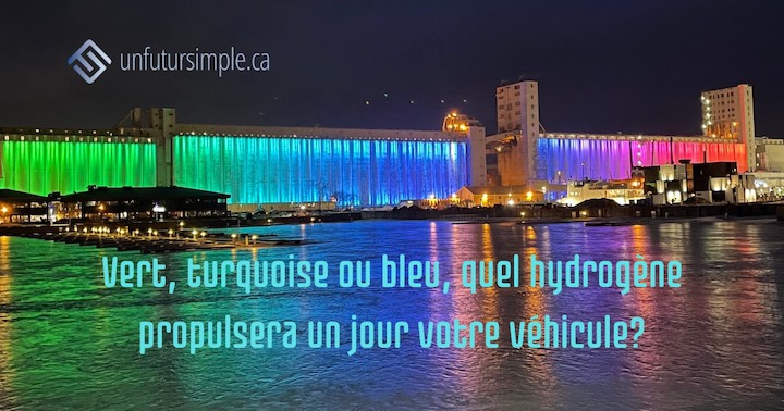 Citation couleurs de l'hydrogène : Vert, turquoise ou bleu, quel hydrogène propulsera un jour votre véhicule? Couleurs de l’arc en ciel projetées sur les silos du port de Québec.