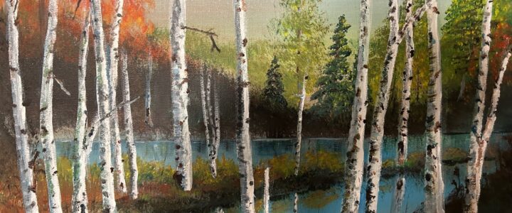 Peinture par Maurice Lamontagne montrant des bouleaux le long d’un ruisseau à l’automne.