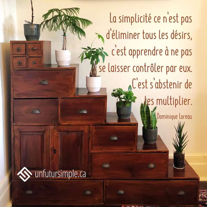 Citation de Dominique Loreau: La simplicité ce n’est pas d’éliminer tous les désirs, c’est apprendre à ne pas se laisser contrôler par eux. C’est s’abstenir de les multiplier.