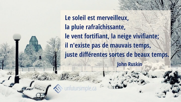 Citation de John Ruskin: Le soleil est merveilleux, la pluie rafraîchissante, le vent fortifiant, la neige vivifiante; il n'existe pas de mauvais temps, juste différentes sortes de beaux temps. Parc enneigé avec en arrière plan le Musée des Beaux Arts à Ottawa