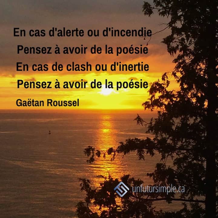 Citation de Gaëtan Roussel : En cas d'alerte ou d'incendie Pensez à avoir de la poésie En cas de clash ou d'inertie Pensez à avoir de la poésie. Coucher de soleil sur un ciel et eau orangé sur le lac Rice.