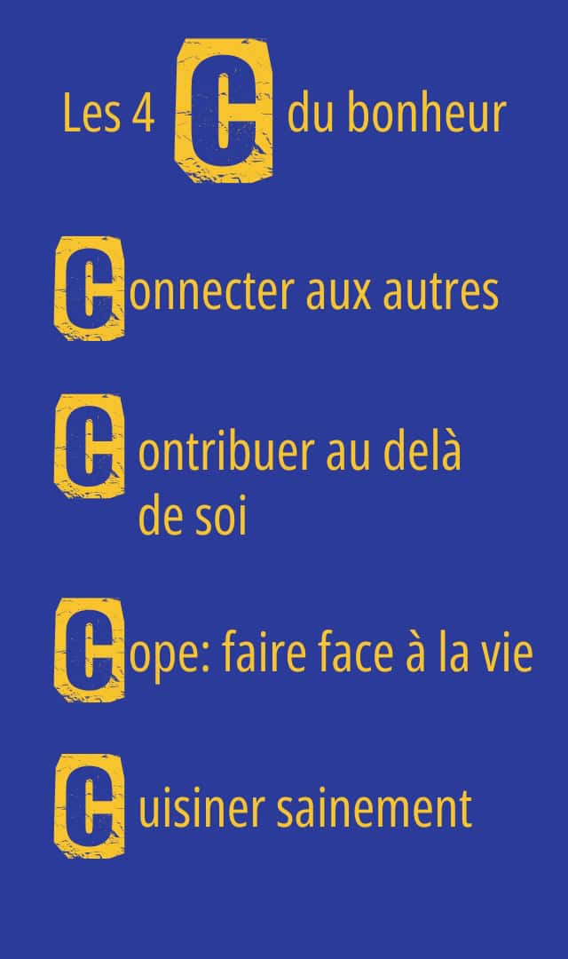 Les 4 C du bonheur : Connecter aux autres, contribuer au-delà de soi, cope: faire face à la vie, cuisiner sainement