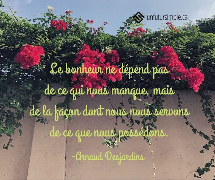 Citation de Arnaud Desjardins: Le bonheur ne dépend pas de ce qui nous manque, mais de la façon dont nous nous servons de ce que nous possédons. Mur beige en contre-plongée avec fleurs rouges et verdure en cascade.