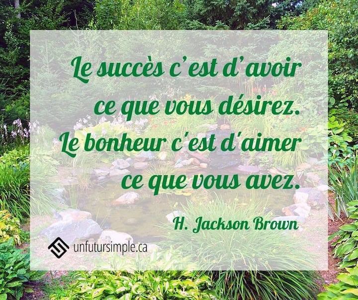 Citation de H. Jackson Brown: Le succès c'est d'avoir ce que vous désirez. Le bonheur c'est d'aimer ce que vous avez. Étang avec cascade dans un joli jardin aménagé.